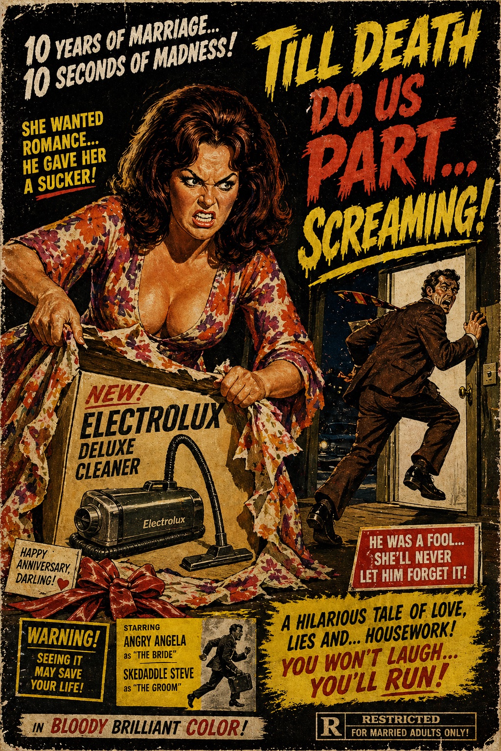 Vintage horror-comedy poster of an angry wife holding a vacuum cleaner box as her husband flees.