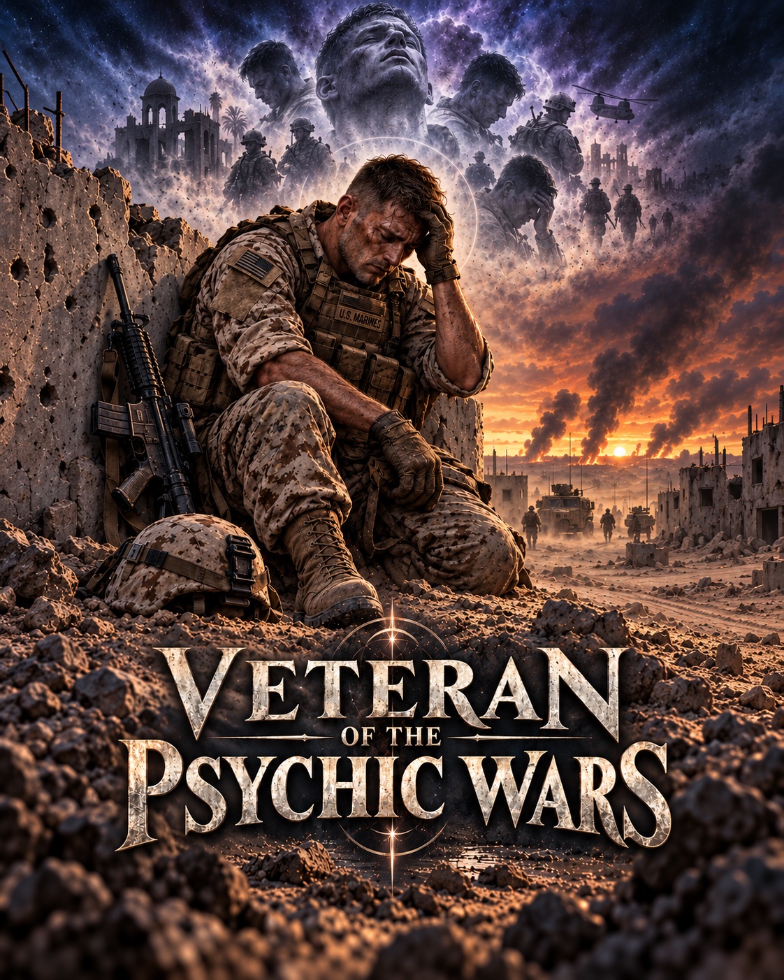 A battle-weary Marine sits amid ruins beneath a montage of wartime memories.